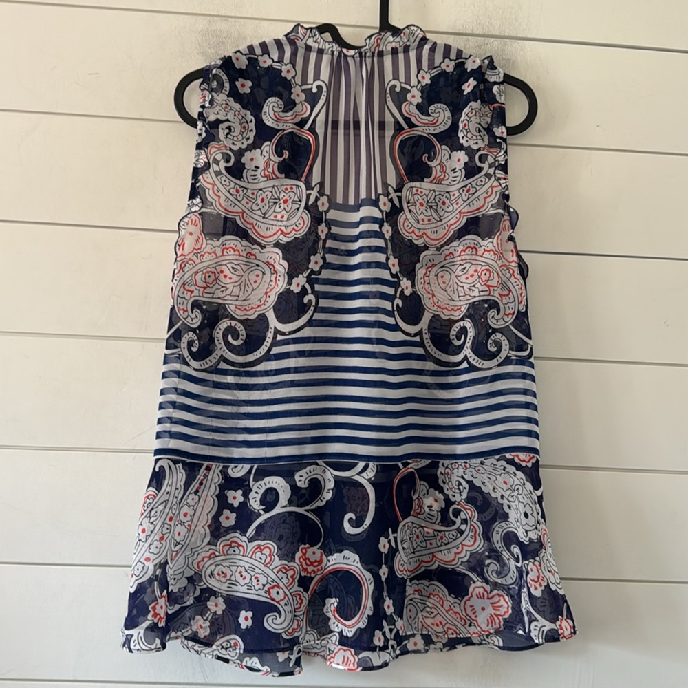 Cabi XS (generous) Floral Paisley Striped Peplum Sheer Ruffled Trim V-Neck Top - Picture 7 of 12